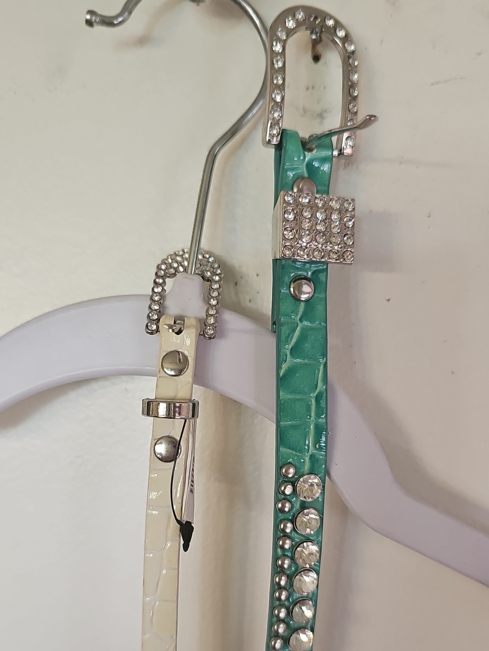 Crystal Embellished Thin Belt – White and Teal